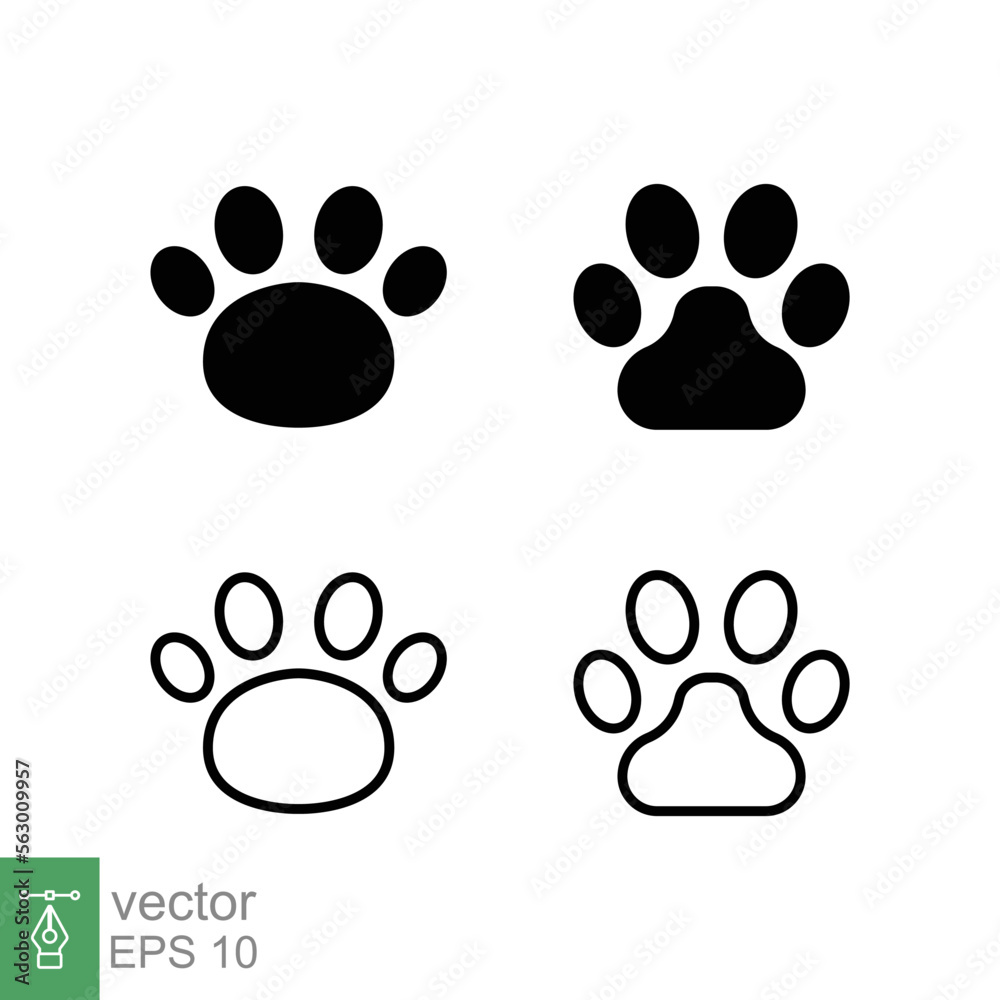 Paw print icon set. Simple solid and outline style. Footprint, black silhouette, dog, cat, pet, puppy, animal foot concept. Glyph and line vector illustration isolated on white background. EPS 10. Paw print icon set. Simple solid and outline style. Footprint, black silhouette, dog, cat, pet, puppy, animal foot concept. Glyph and line vector illustration isolated on white background. EPS 10.