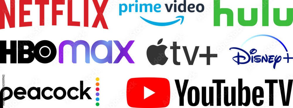 Vetor do Stock: Netflix Streaming service logo set. Amazon Prime Video,  Hulu, HBO Max, Disney, Apple TV, Peacock, YouTube icons. Vector editorial  illustration | Adobe Stock