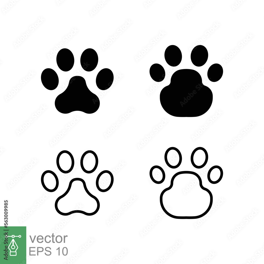 Paw print icon set. Simple solid and outline style. Footprint, black silhouette, dog, cat, pet, puppy, animal foot concept. Glyph and line vector illustration isolated on white background. EPS 10. Paw print icon set. Simple solid and outline style. Footprint, black silhouette, dog, cat, pet, puppy, animal foot concept. Glyph and line vector illustration isolated on white background. EPS 10.