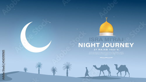 Isra Miraj background design. Night journey Prophet Muhammad from Al Aqsa mosque to Mecca concept