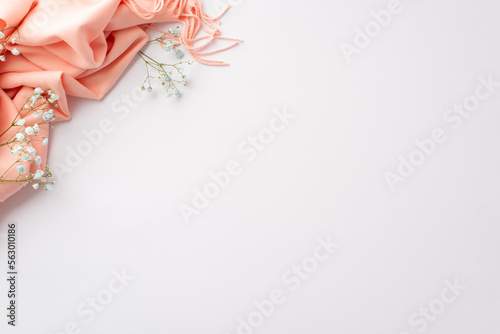 Hello spring concept. Top view photo of pink plaid and gypsophila flowers on isolated white background with copyspace