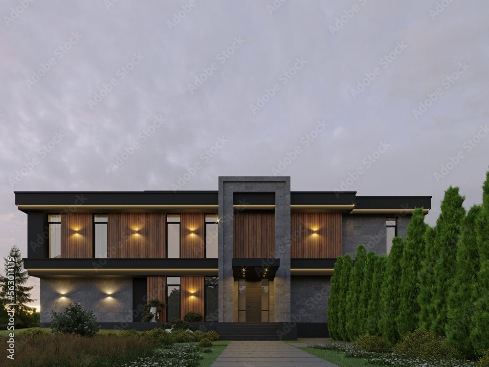 Luxurious house in a modern style with a swimming pool and panoramic windows. 3D visualization