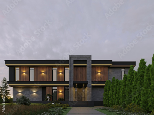 Luxurious house in a modern style with a swimming pool and panoramic windows. 3D visualization