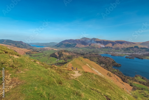 Fell walkers admiring the view over Derwentwater in The English Lake District