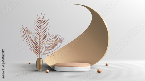 3D realistic luxury style empty wood grain top white podium pedestal stand with golden spiral decor elements backdrop