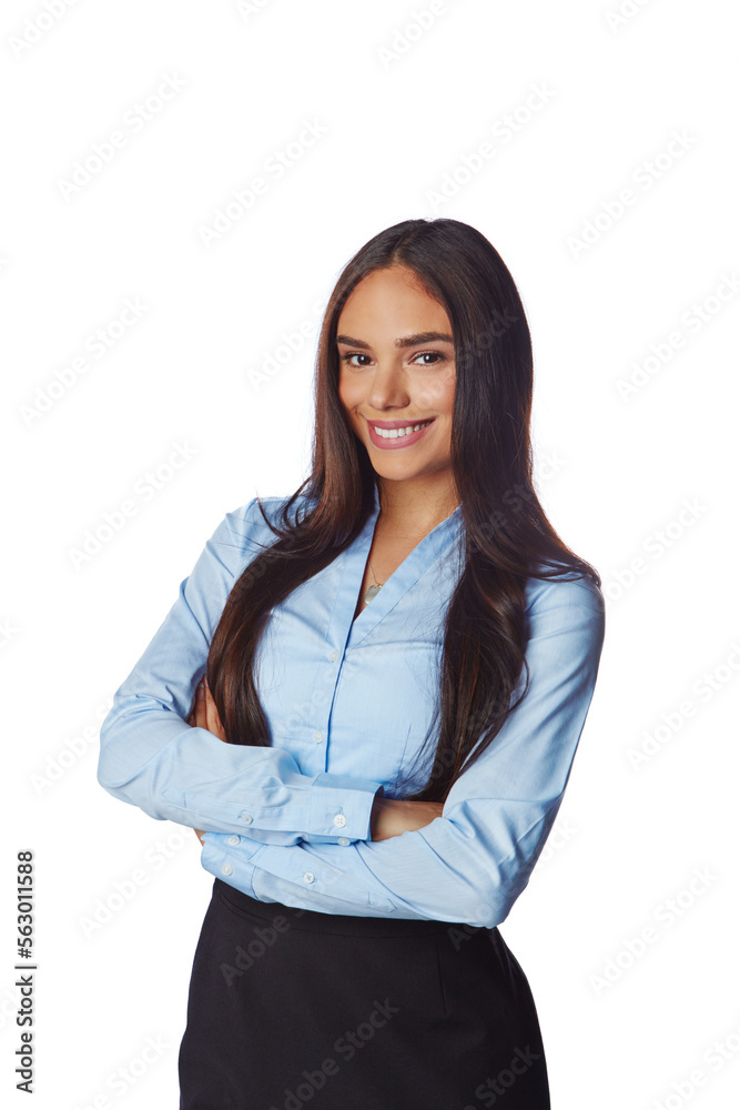 Isolated, business and portrait of woman with mockup in white background studio for management, leader and fashion. Happy, smile and confident with Brazilian girl and arms crossed for career mindset Isolated, business and portrait of woman with mockup in white background studio for management, leader and fashion. Happy, smile and confident with Brazilian girl and arms crossed for career mindset