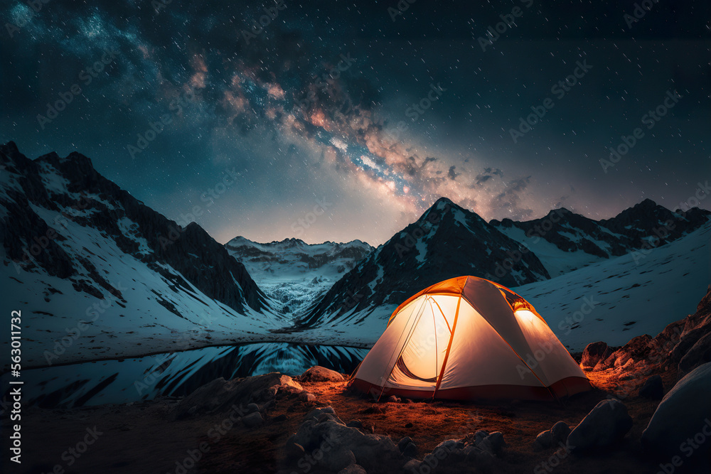 Camping in the Mountains - Tent Pitched Under the Stars and the Milky Way. Generative AI