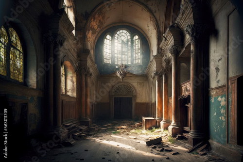 Canvas Print The beautiful, abandoned church had pieces of its collapsed walls scattered across the floor