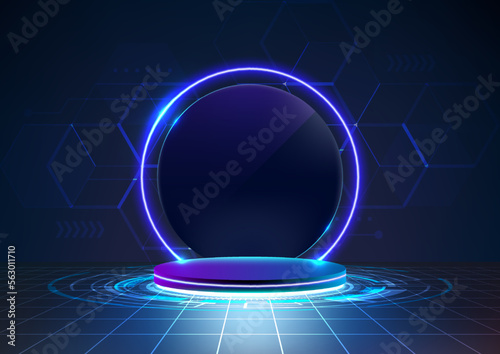 3D realistic technology digital cyberpunk podium display neon lighting circle portal with HUD geometric elements on dark blue background