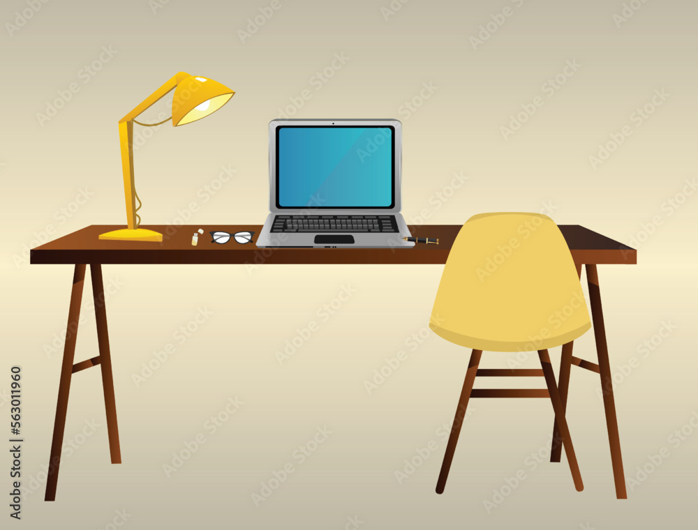 Office Table, Laptop, Table Lamp, Work place Office Table, Laptop, Table Lamp, Work place