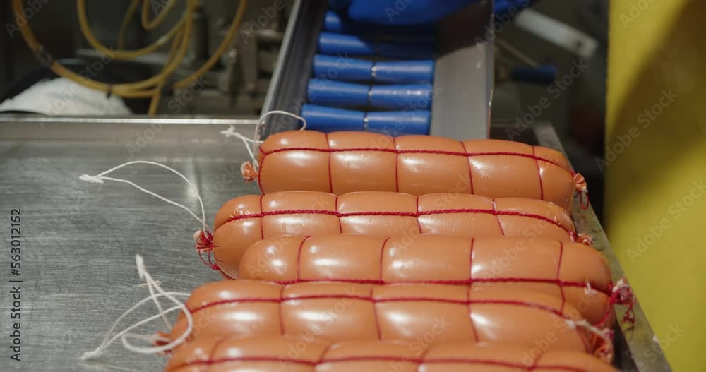 The employee takes the sausage from the packaging line. Sausage shop The employee takes the sausage from the packaging line. Sausage shop