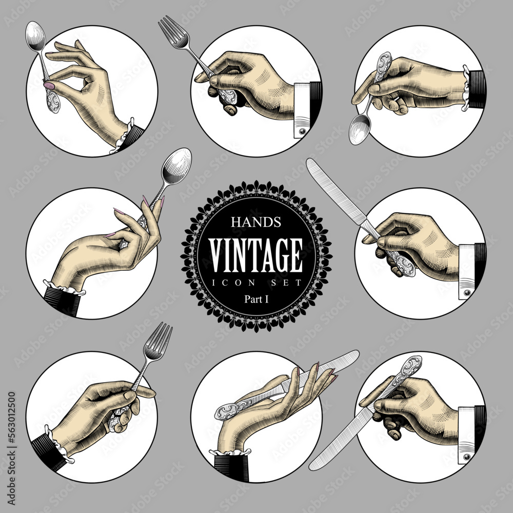 Collection of engraved hands holding cutlery. The set is a hands with a