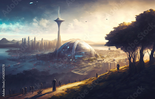 A Futuristic City Landscape On Another Planet. Generative AI Illustration