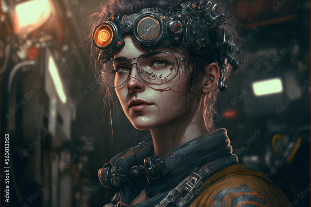 Portrait of a semi-cyborg mechanic in digital art style