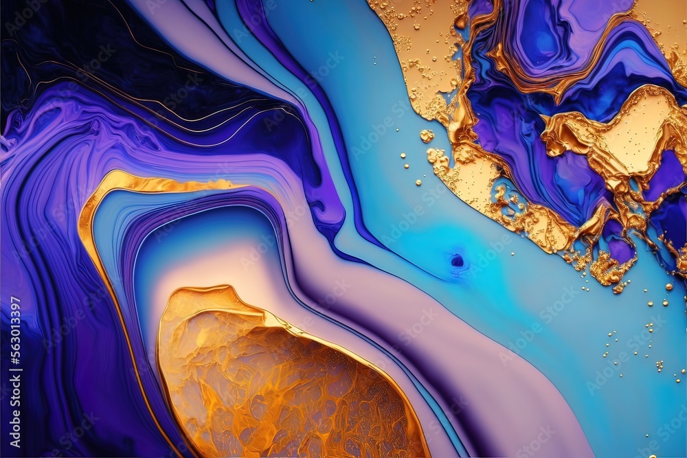 Luxurious fluid art in gold, blue and purple paint. Divorces and waves, mixing colors. Abstract liquid fluid art background. Luxurious fluid art in gold, blue and purple paint. Divorces and waves, mixing colors. Abstract liquid fluid art background.