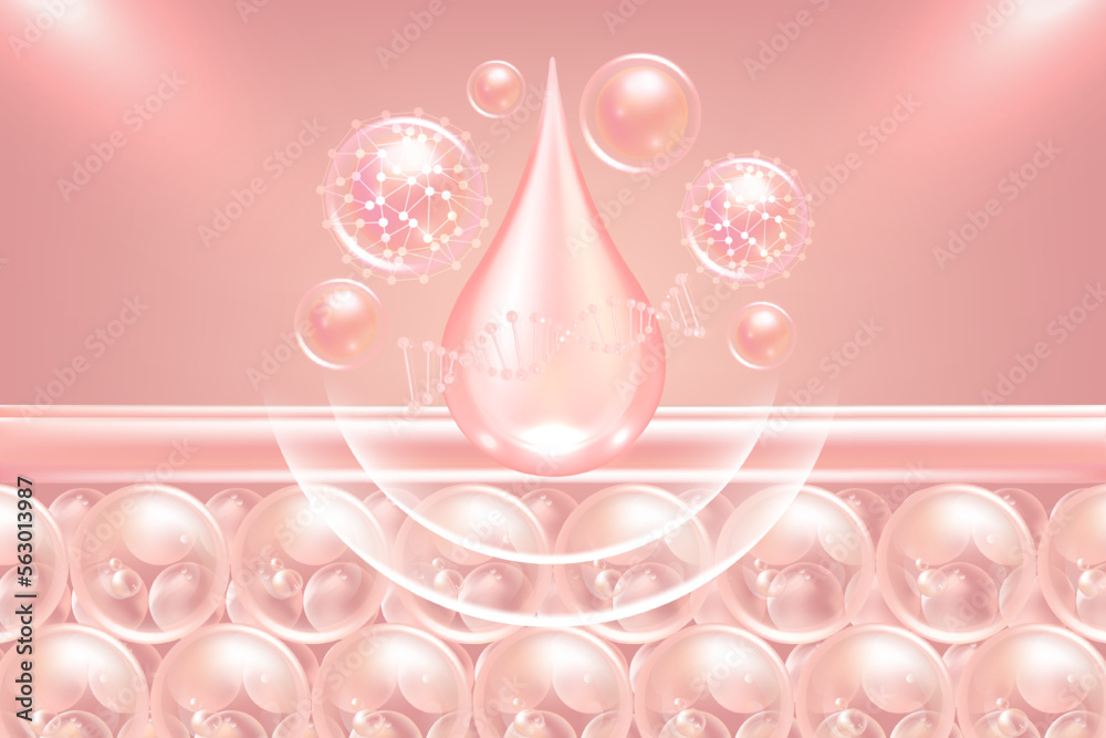 Hyaluronic acid hair and skin solutions ad, pink collagen serum drop into skin cells with cosmetic advertising background ready to use, illustration vector. Hyaluronic acid hair and skin solutions ad, pink collagen serum drop into skin cells with cosmetic advertising background ready to use, illustration vector.