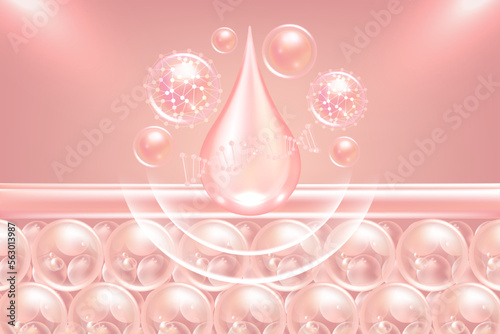 Hyaluronic acid hair and skin solutions ad, pink collagen serum drop into skin cells with cosmetic advertising background ready to use, illustration vector.