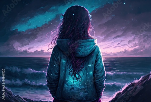 Anime girl starring at the ocean night time. Generative AI
