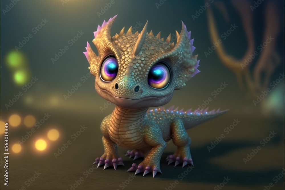 Little dragon with golden opalescent scales. Isolated on the background. Children friendly. Generative ai.