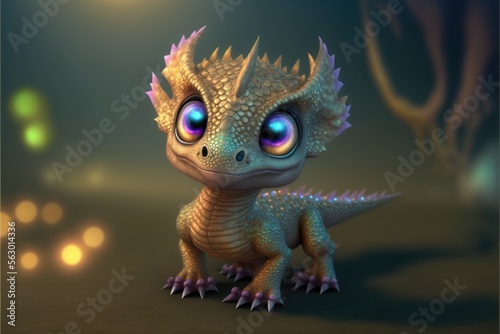 Little dragon with golden opalescent scales. Isolated on the background. Children friendly. Generative ai.