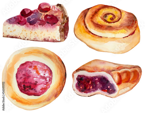 Half of Russian or ukrainian jam Pie isolated watercolor illustration, baked goods