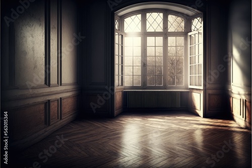 window in empty room, old apartment building with parquet floor , ai generated
