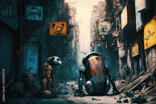 Homeless Robots In A Futuristic Lost City. Generative AI Illustration © Digitale Wanderlust