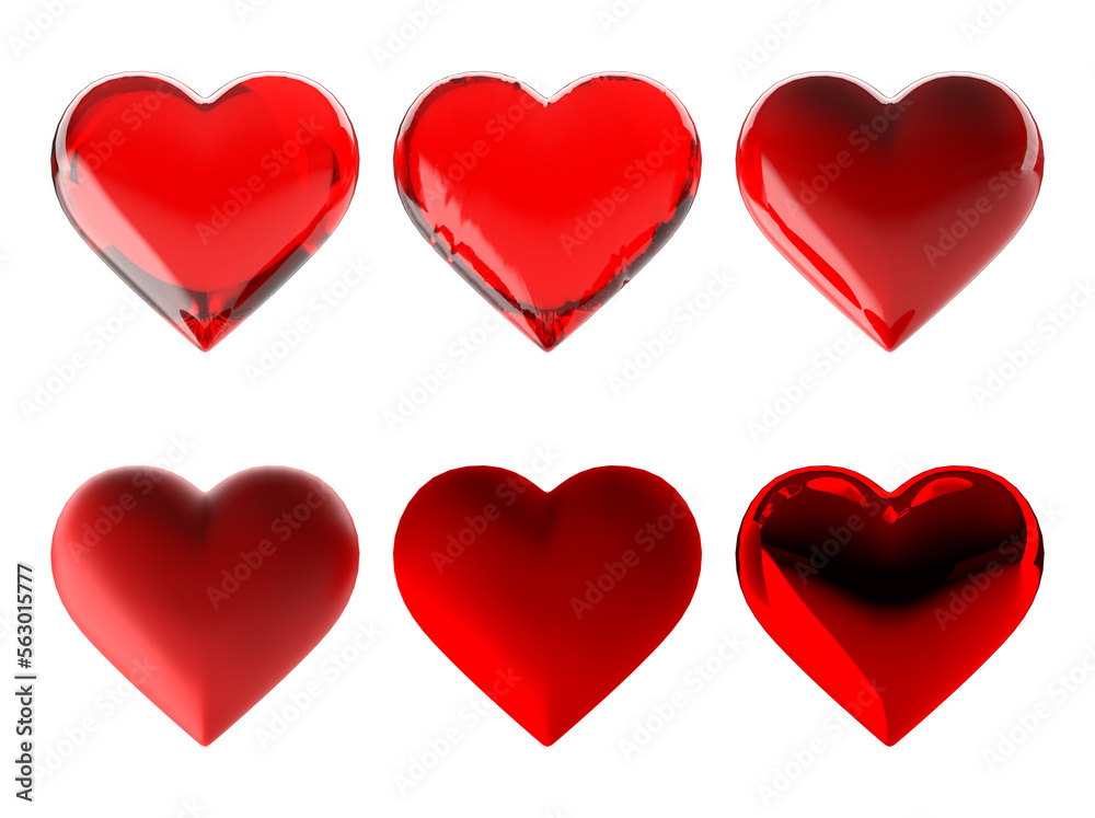 3D rendering of a set of realistic red Valentine hearts. Love symbol.