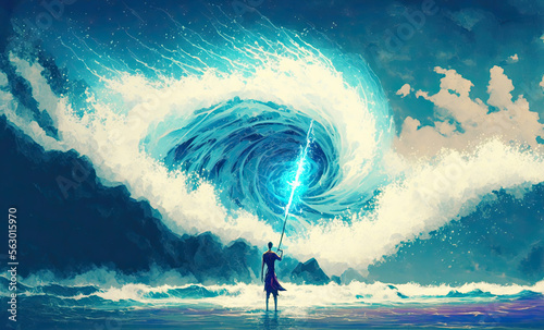 A Wizard With A Magic Spear Is Casting A Magic Spell To Control The Ocean. Generative AI Illustration