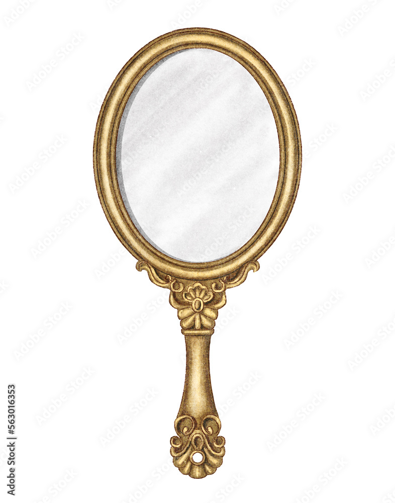 Obraz na plátně Watercolor vintage antique classic oval gold hand mirror with ornate pattern isolated on white background