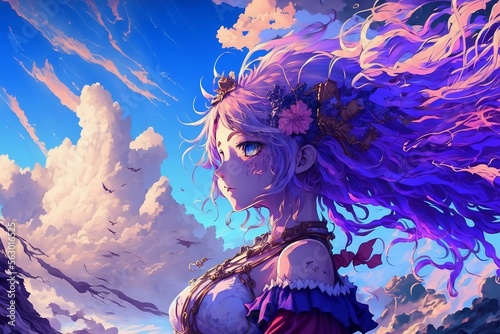 anime style desktop background, with clouds and a goddess 