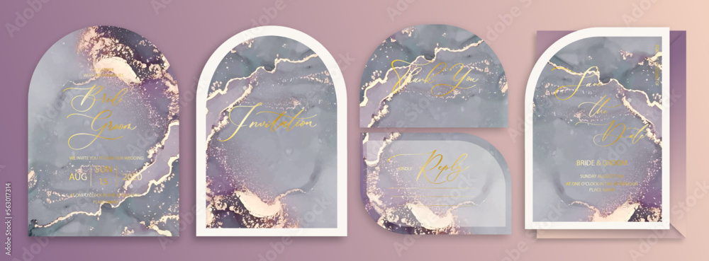 Luxury arch wedding invitation card set background with watercolor waves, marble or fluid art in alcohol ink style with golden glitter.