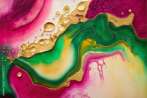 Magenta and gold and green fluid fluid abstract luxury background. Mixing purple and green paint with gold and precious stones, stone cut, marble stains and smooth lines. photo