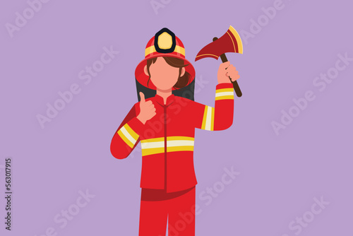 Cartoon flat style drawing female firefighter in complete uniform holding glass breaking axe with thumbs up gesture prepare to put out fire that burned the building. Graphic design vector illustration