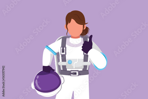 Graphic flat design drawing female astronaut holding helmet with thumbs up gesture wearing spacesuit ready to explore outer space in search of mysteries of universe. Cartoon style vector illustration