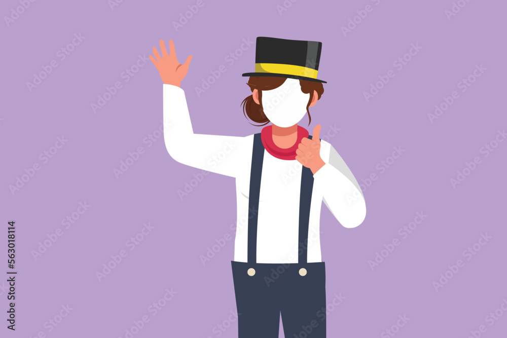 Graphic flat design drawing female mime artist say hi with thumbs up gesture, white face make up puts on silent motion comedy show at circus show. Creative industry. Cartoon style vector illustration Graphic flat design drawing female mime artist say hi with thumbs up gesture, white face make up puts on silent motion comedy show at circus show. Creative industry. Cartoon style vector illustration