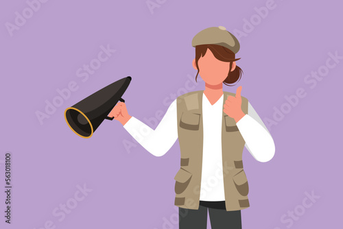 Character flat drawing female film director holding megaphone with thumbs up gesture, wearing vest, and cap while set the crew for shooting romance film in studio. Cartoon design vector illustration