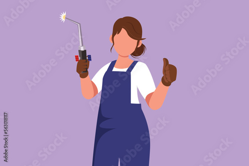 Cartoon flat style drawing female welder holding welding tool with thumb up gesture, working in construction of building forming steel frame that is melted by fire. Graphic design vector illustration photo