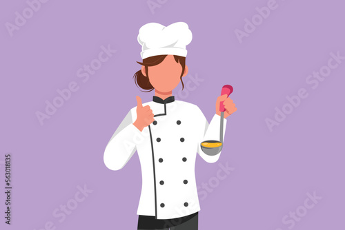 Graphic flat design drawing female chef holding ladle with thumbs up gesture and tasting delicious soup. Wearing uniform ready to cook food for guests in restaurant. Cartoon style vector illustration