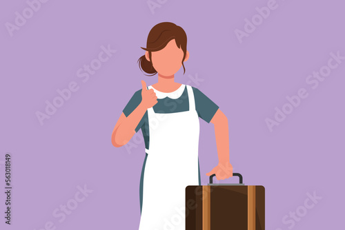 Cartoon flat style drawing maid in hotel holding suitcase with thumbs up gesture. Work deftly to clean and prepare sheet bed in hotel room with professional manner. Graphic design vector illustration