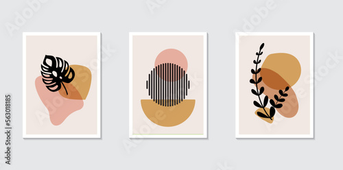 Bohemian flat posters collection. Boho design. Monstera, plant and geometric balance. Vector stock illustration