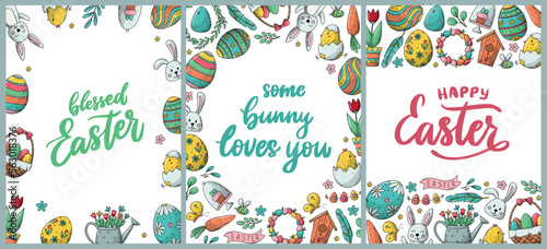 set of 3 Easter greeting cards, posters, prints, invitations, templates decorated with lettering quotes, doodles on white background. EPS 10