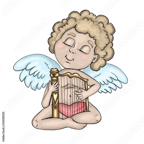 Cute cupid with harp cartoon art. Colorful little angel or god eros with an arph. Funny amur baby, heart hunter romantic character. Design for coloring page, Valentines day, cards