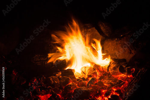 flames of fire, campfire with stones around