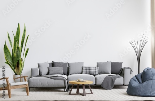 big white living room.interior design,gray sofa,lamp,wooden table,carpet wall for mock up and copy space