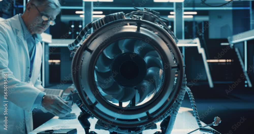 Middle Aged Industrial Turbine Specialist Working on an Innovative Invention. Scientist Using a Laptop Computer to Develop a High Tech Prototype Electric Jet Motor. Zoom In Shot with Rotating Fan