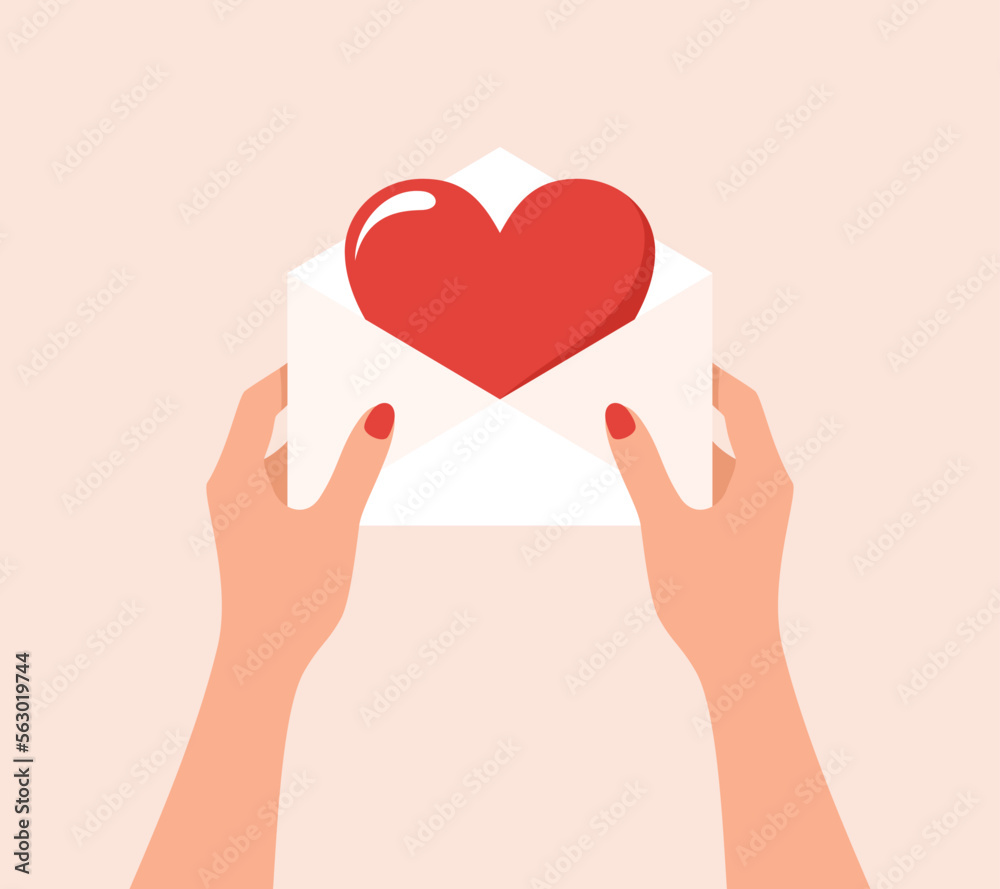 Female hands holding open envelope with big red heart inside on a beige background. Flat vector illustration Female hands holding open envelope with big red heart inside on a beige background. Flat vector illustration