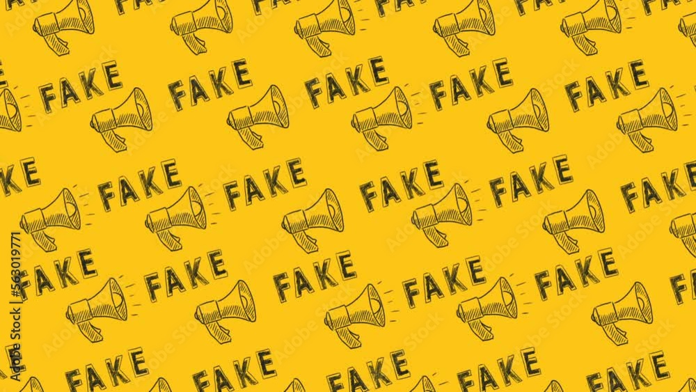Pattern from megaphone icons and lettering FAKE drawn on yellow background. Concept of announce, media, information and disinformation. Fake news. Seamless loop video. Pattern from megaphone icons and lettering FAKE drawn on yellow background. Concept of announce, media, information and disinformation. Fake news. Seamless loop video.