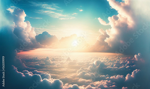 Foto Sun Rise in Cloudy Sky Background, Dramatic Sunrise, Airplane View Above Clouds,