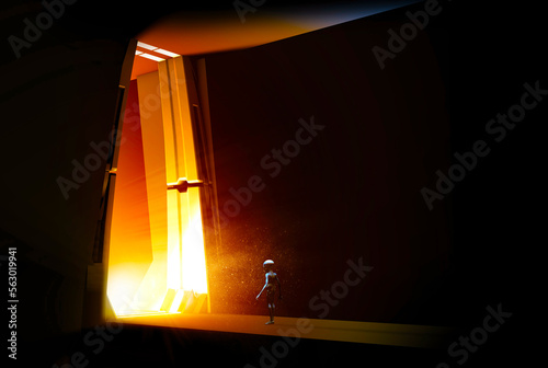 Portal with other worlds  alien spaceship. Door to other dimensions. Contacts with extraterrestrial civilizations. UFO. Alien. Martian. Alternate worlds. Sci-fi. 3d rendering